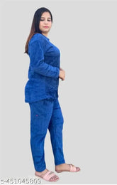 Blue women's woolen winter night suit, solid-colored long sleeved pyjamas for cozy comfort